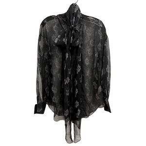 JOSH GOOT Sheer Black Roses Print Blouse with Necktie Bow, M, NEW